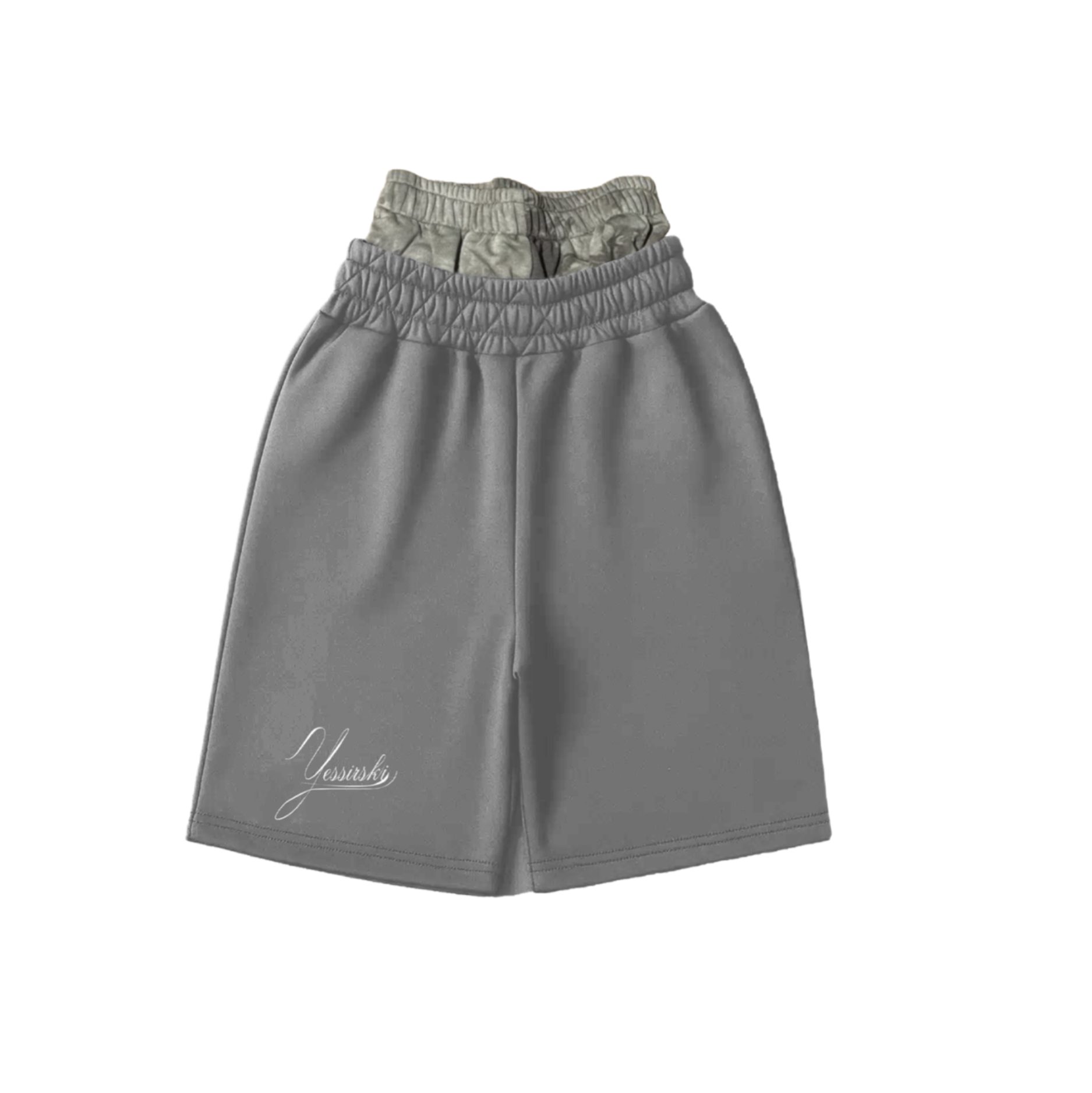 "YESSIRSKIII" DOUBLE-WAIST CAMO GREY SHORTS